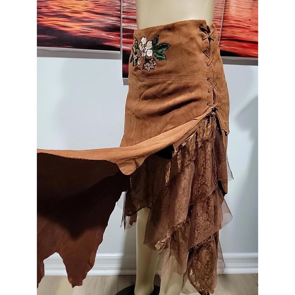 Alberto Makali (Size 6) Embroidered Suede Asymmetrical Boho Lace Layer Skirt #4 - Picture 12 of 12